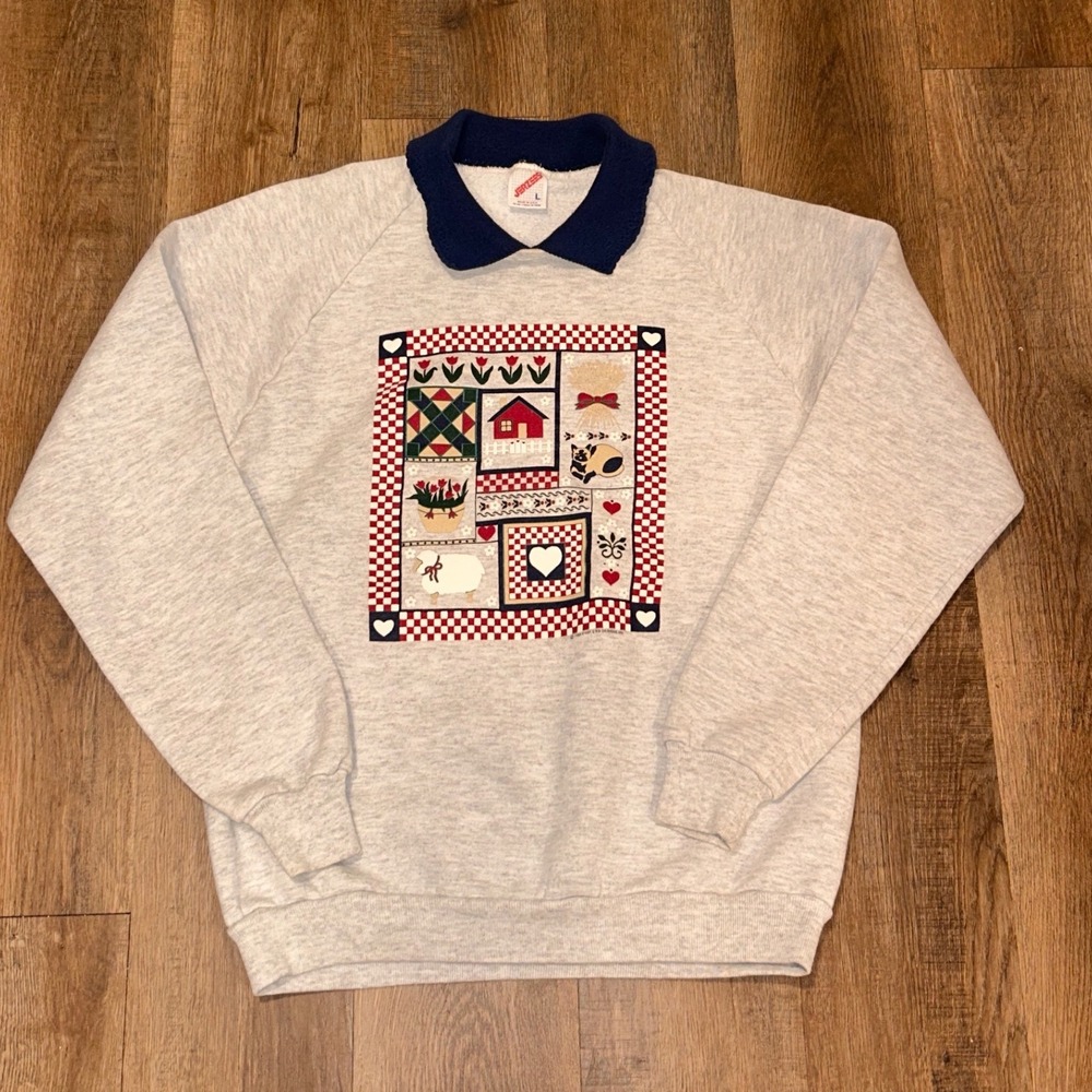 Vintage 1994 Jerzees Cat Quilt Sweatshirt L Grey Collared Grandmacore Vintage
